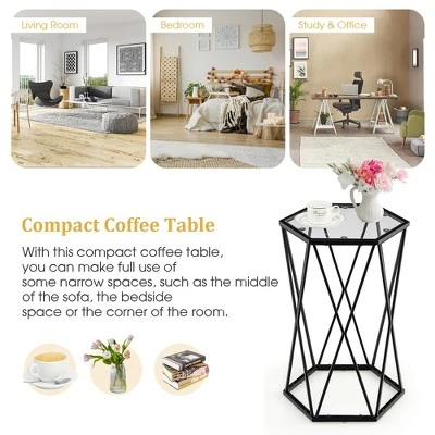 Costway Set Of 2 End Table Tempered Glass Top Metal Frame Hexagonal Accent Side Table - Image 8