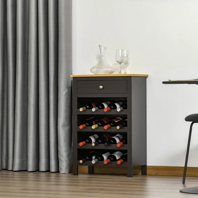 HOMCOM Modern Wine Rack, Storage Cabinet With 16-Bottle Wine Holder And Drawer For Living Room Or Home Bar, Dark Brown