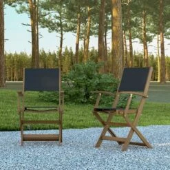 Emma And Oliver Set Of Two Weather Resistant All Natural Acacia Wood Folding Bistro Chairs With Armrests And Textilene Mesh Seats And Backs