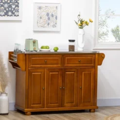 HOMCOM Triple-Cabinet Double-Drawer Kitchen Island With Storage, Butcher Block Island With Stainless Steel Top, Spice & Towel Rack, Brown Wood Finish