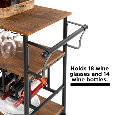 Best Choice Products 45in Industrial Wood Shelf Bar & Wine Storage Service Cart W/ Bottle & Glass Racks, Locking Wheels - Image 3