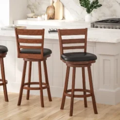 Merrick Lane 30" Classic Wooden Ladderback Swivel Bar Height Stool With Upholstered Padded Seat And Integrated Footrest