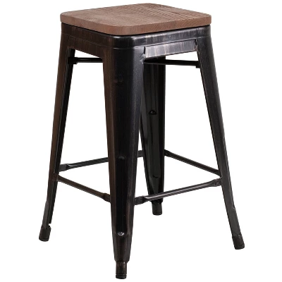 Merrick Lane Backless Metal Dining Stool With Wooden Seat For Indoor Use - Image 19