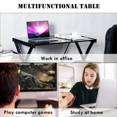 Costway Glass Top Computer Desk Laptop Writing Study Workstation Z-Shaped Metal Frame - Image 7