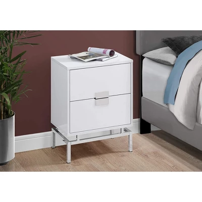 Monarch Specialties 24 Inch Modern Rectangular Accent Side Table With 2 Pull Out Drawers For Bedrooms And Living Rooms, Glossy White And Chrome - Image 2