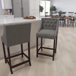 Merrick Lane Upholstered Barstool 30" High Transitional Tufted Barstool With Accent Nail Trim