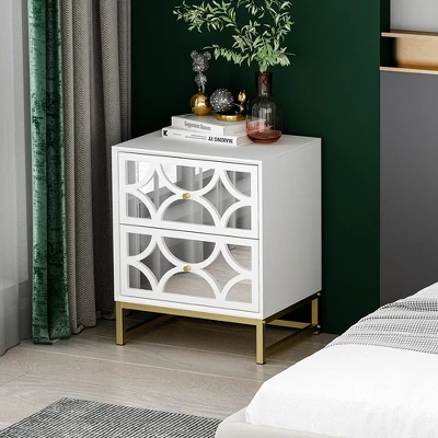 Averina 2 Drawers 45° Splicing White Mirror Front Nightstand With Storage - The Pop Maison - Image 9
