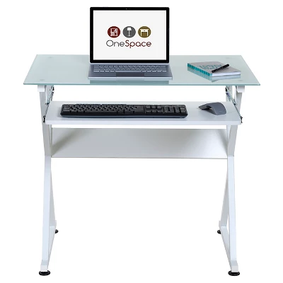 Ultramodern Glass Computer Desk, Pull-Out Keyboard, Steel Frame - OneSpace - Image 2