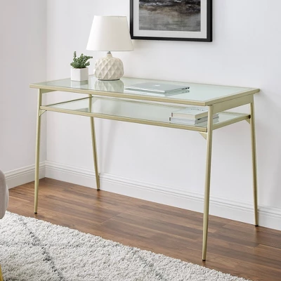 Modern 2 Tier Glass Top Writing Desk With Metal Legs Gold - Saracina Home - Image 2