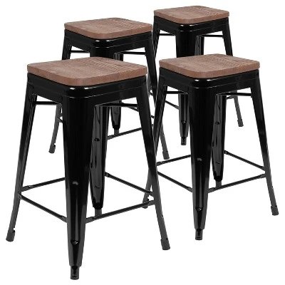 Flash Furniture 24" High Metal Counter-Height, Indoor Bar Stool With Wood Seat - Stackable Set Of 4 - Image 13