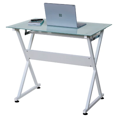 Ultramodern Glass Computer Desk, Pull-Out Keyboard, Steel Frame - OneSpace - Image 4