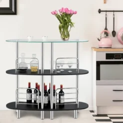Costway Decorative Storage Cabinets Home Liquor Pub Table W/Tempered Glass Top & 2 Shelves