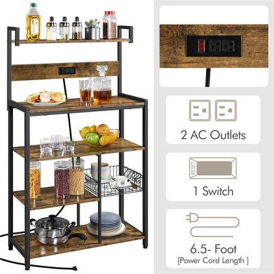 Yaheetech 5-Tier 56" H Baker’s Rack With Wire Basket & Power Outlets, Rustic Brown - Image 4