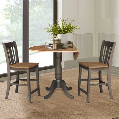 3pc 42" Round Dual Drop Leaf Counter Height Dining Table With 2 Splat Back Stools Hickory/Washed Coal - International Concepts - Image 3