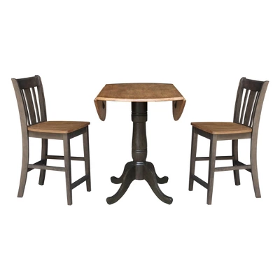 3pc 42" Round Dual Drop Leaf Counter Height Dining Table With 2 Splat Back Stools Hickory/Washed Coal - International Concepts - Image 4