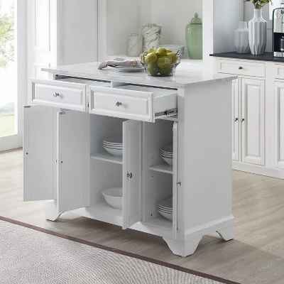 Avery Kitchen Island/Cart Distressed White/White Marble - Crosley - Image 3