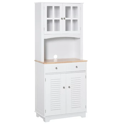 HOMCOM 67" Modern Buffet With Hutch, Louvered Kitchen Pantry Microwave Cabinet With Framed Glass Doors And 2 Drawers, White - Image 3