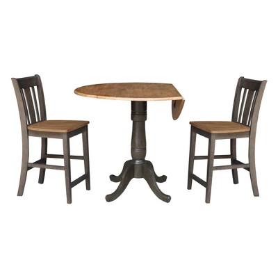 3pc 42" Round Dual Drop Leaf Counter Height Dining Table With 2 Splat Back Stools Hickory/Washed Coal - International Concepts - Image 2