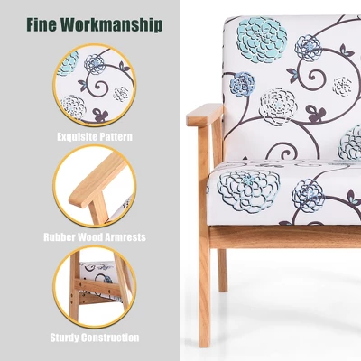 Costway Modern Accent Armchair Fabric Lounge Chair W/Rubber Wood Leg White&Blue Floral - Image 6