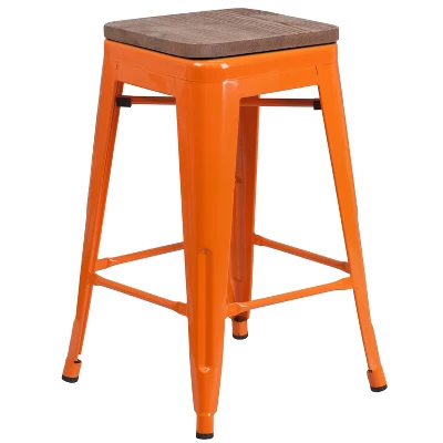 Merrick Lane Backless Metal Dining Stool With Wooden Seat For Indoor Use - Image 14