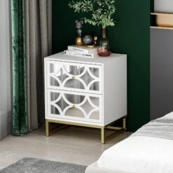 Averina 2 Drawers 45° Splicing White Mirror Front Nightstand With Storage - The Pop Maison