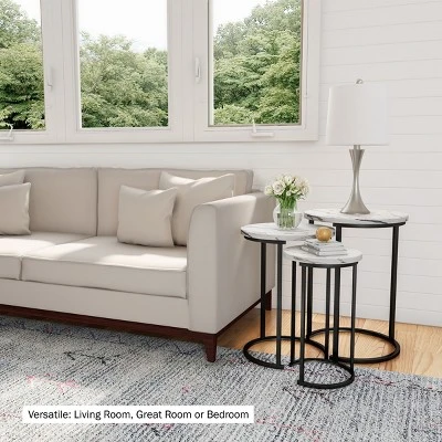 Hastings Home Round End Tables With Faux Marble Top And Black Metal Base Nesting Tables, White, Set Of 3 - Image 4