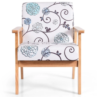 Costway Modern Accent Armchair Fabric Lounge Chair W/Rubber Wood Leg White&Blue Floral - Image 9