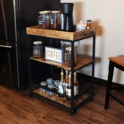 Sunnydaze Decor Sunnydaze 3 Tier Rustic Industrial Style Rolling Indoor Bar Cart With Wine Bottle And Stemware Rack