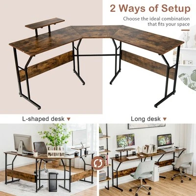 Costway 88.5'' L Shaped Reversible Computer Desk 2 Person Long Table Monitor Stand - Image 5