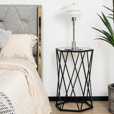 Costway Set Of 2 End Table Tempered Glass Top Metal Frame Hexagonal Accent Side Table - Image 2