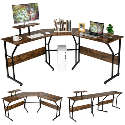 Costway 88.5'' L Shaped Reversible Computer Desk 2 Person Long Table Monitor Stand - Image 9
