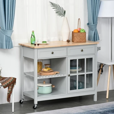 HOMCOM Kitchen Island Utility Storage Trolley Cart With Rubber Wood Top, Towel Rack, 2 Cabinets & Drawers For Dining Room