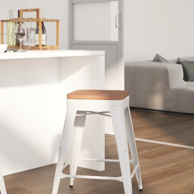 Merrick Lane Backless Metal Dining Stool With Wooden Seat For Indoor Use - Image 4