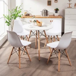 Costway Dining Table Set Modern 5 PCS For 4 Round Dining Room Table Set W/Solid Wood Leg
