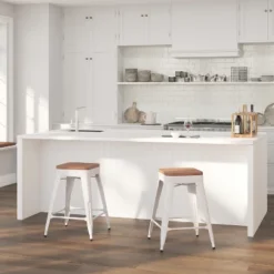 Merrick Lane Backless Metal Dining Stool With Wooden Seat For Indoor Use