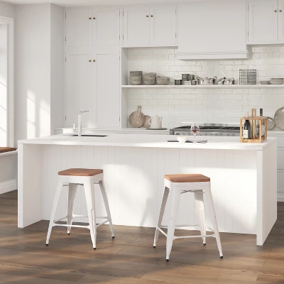 Merrick Lane Backless Metal Dining Stool With Wooden Seat For Indoor Use