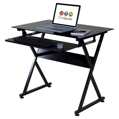 Ultramodern Glass Computer Desk, Pull-Out Keyboard, Steel Frame - OneSpace - Image 9