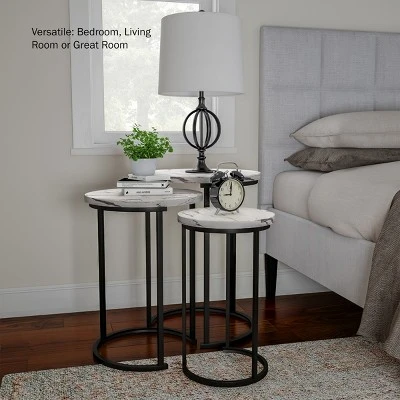 Hastings Home Round End Tables With Faux Marble Top And Black Metal Base Nesting Tables, White, Set Of 3 - Image 5