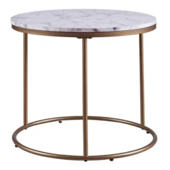 Marmo Round Side Table With Faux Marble Top Brass - Teamson Home