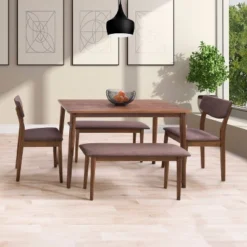 5pc Branson Wood Dining Set With Bench Walnut Stain - CorLiving