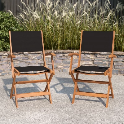 Merrick Lane Set Of 2 Indoor/Outdoor Acacia Wood Folding Patio Bistro Armchairs With Black Textilene Mesh Back And Seat, Natural