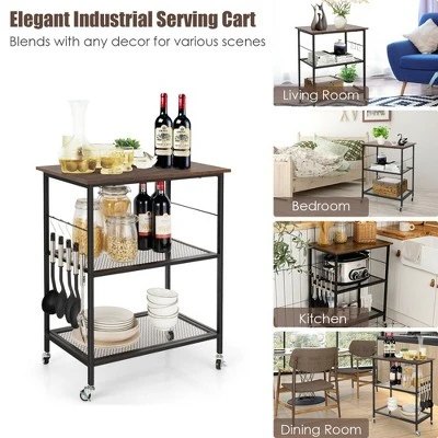 Costway 3-Tier Kitchen Serving Cart Utility Standing Microwave Rack W/ Hooks - Image 5