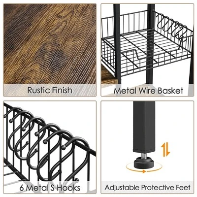 Yaheetech 5-Tier 56" H Baker’s Rack With Wire Basket & Power Outlets, Rustic Brown - Image 3