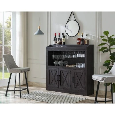 Home Source Bar Cabinet With Stem Glass Placement And Wooden Doors In Charcoal - Image 2