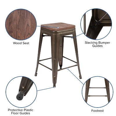 Flash Furniture 24" High Metal Counter-Height, Indoor Bar Stool With Wood Seat - Stackable Set Of 4 - Image 3