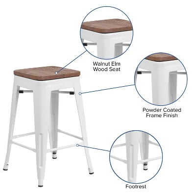Merrick Lane Backless Metal Dining Stool With Wooden Seat For Indoor Use - Image 5