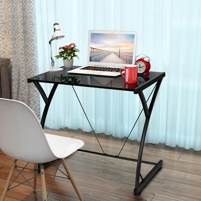 Costway Glass Top Computer Desk Laptop Writing Study Workstation Z-Shaped Metal Frame - Image 4