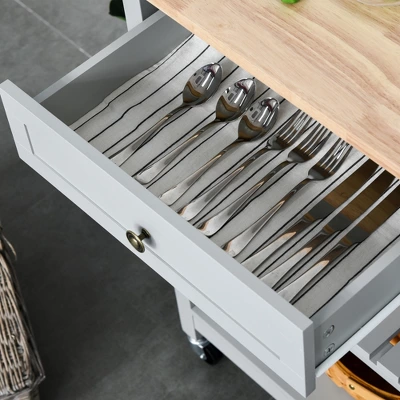 HOMCOM Kitchen Island Utility Storage Trolley Cart With Rubber Wood Top, Towel Rack, 2 Cabinets & Drawers For Dining Room - Image 4