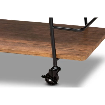 3 Tier Bernard Industrial Metal And Wood Mobile Wine Bar Cart Black/Walnut - Baxton Studio - Image 3