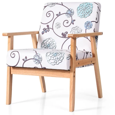 Costway Modern Accent Armchair Fabric Lounge Chair W/Rubber Wood Leg White&Blue Floral - Image 8
